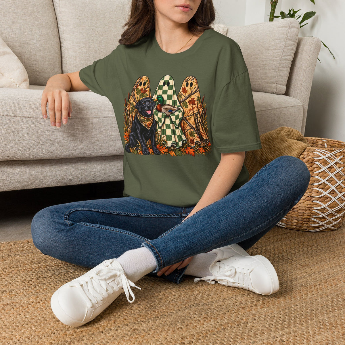 Fall Ghosts & Dog Graphic T-Shirt — Halloween Pumpkin Patch Tee