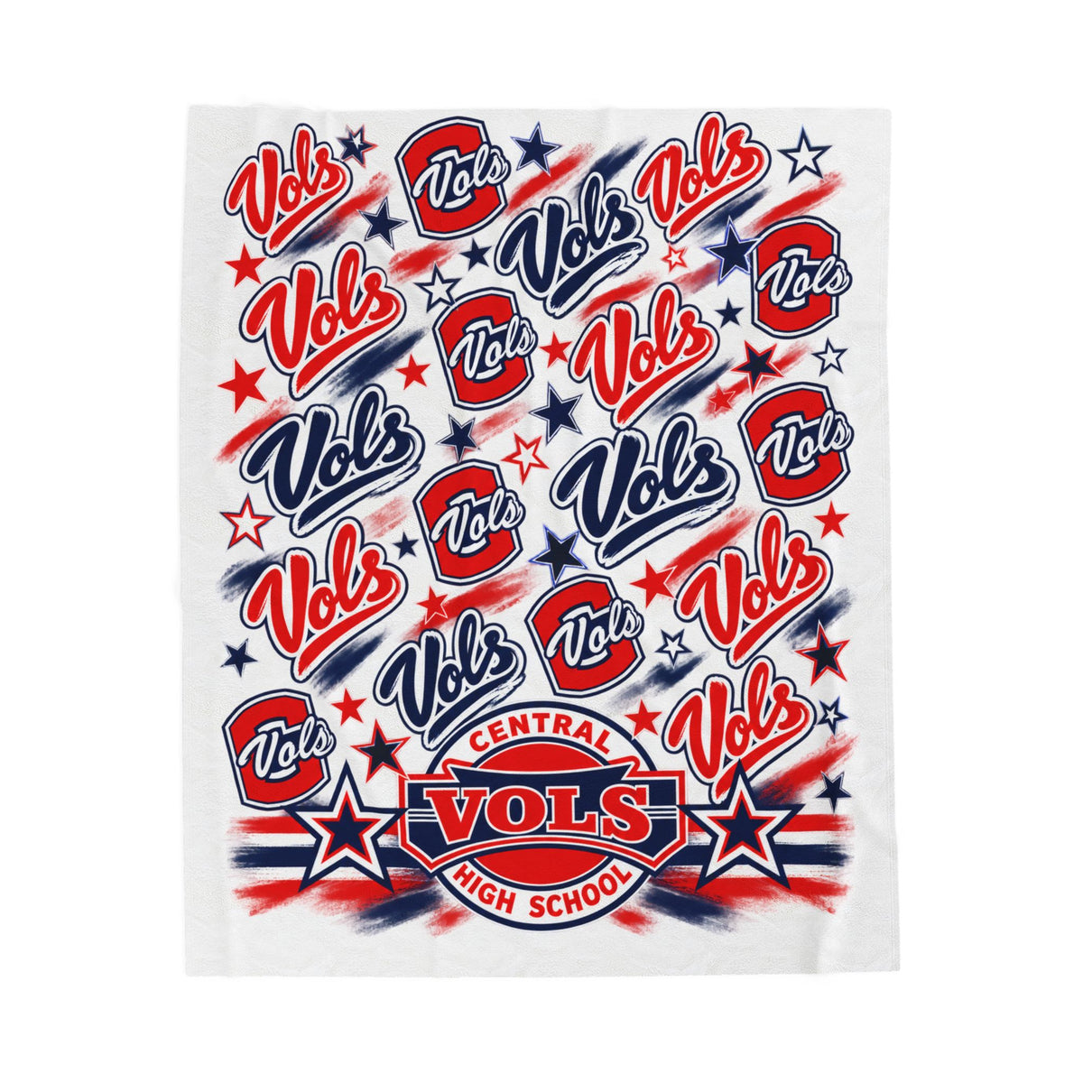 Velveteen Plush Blanket — Central Vols School Spirit Throw (Red & Blue "Vols" Pattern)