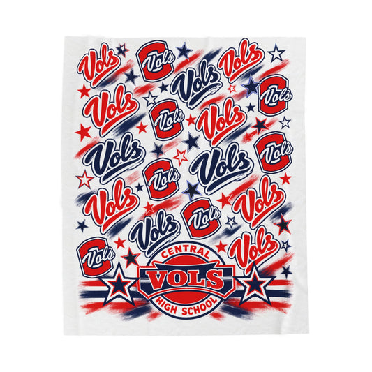 Velveteen Plush Blanket — Central Vols School Spirit Throw (Red & Blue "Vols" Pattern)