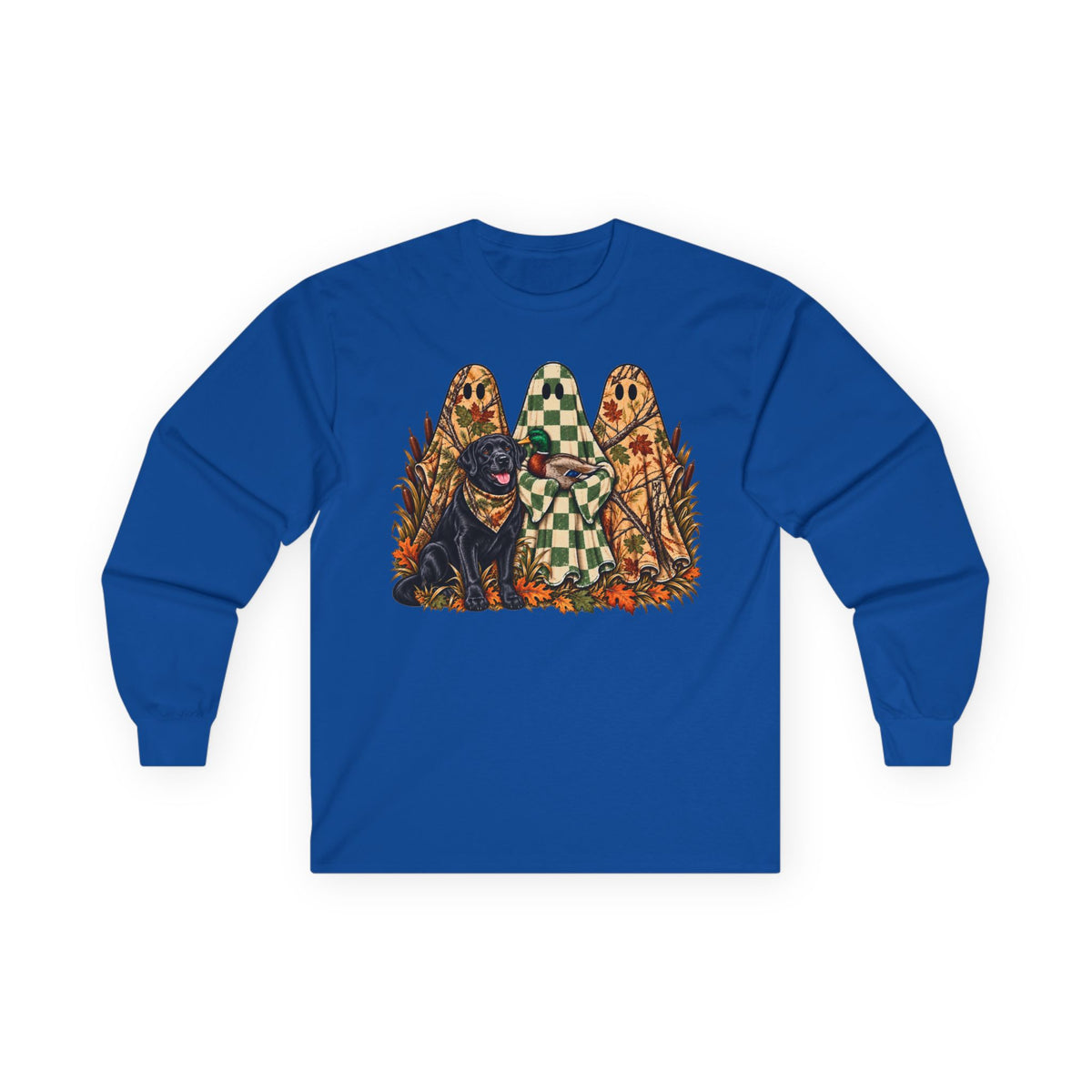 Long Sleeve Tee — Retro Halloween Dogs & Ghosts Graphic