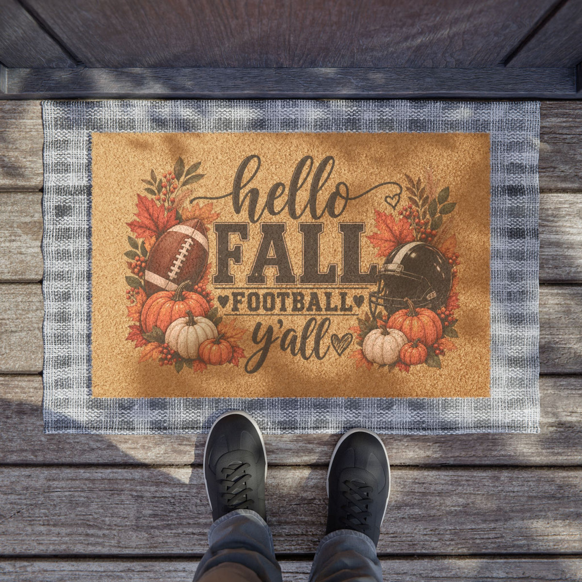 Hello Fall Football Y'all Doormat — Autumn Pumpkin & Helmet Welcome Mat