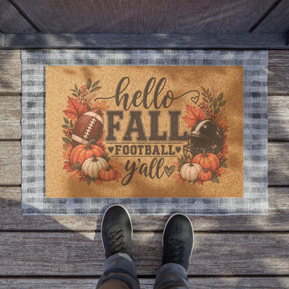 Hello Fall Football Y'all Doormat — Autumn Pumpkin & Helmet Welcome Mat