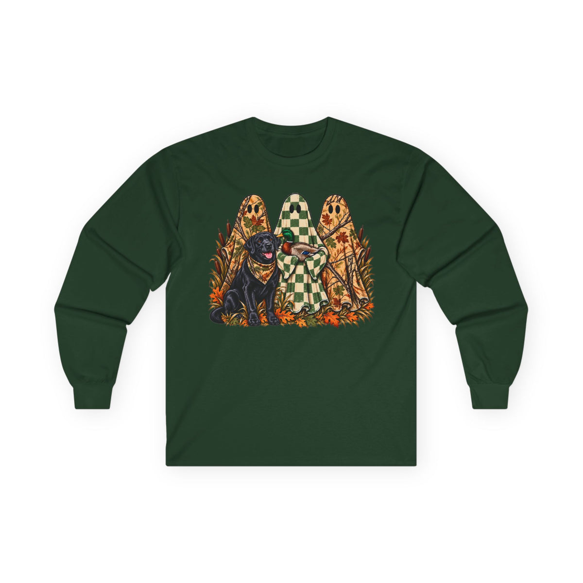 Long Sleeve Tee — Retro Halloween Dogs & Ghosts Graphic