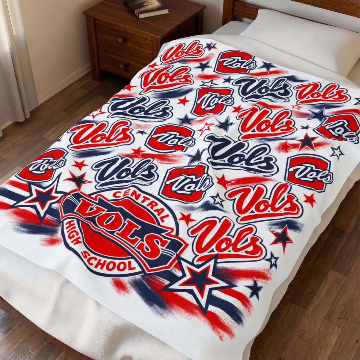 Velveteen Plush Blanket — Central Vols School Spirit Throw (Red & Blue "Vols" Pattern)