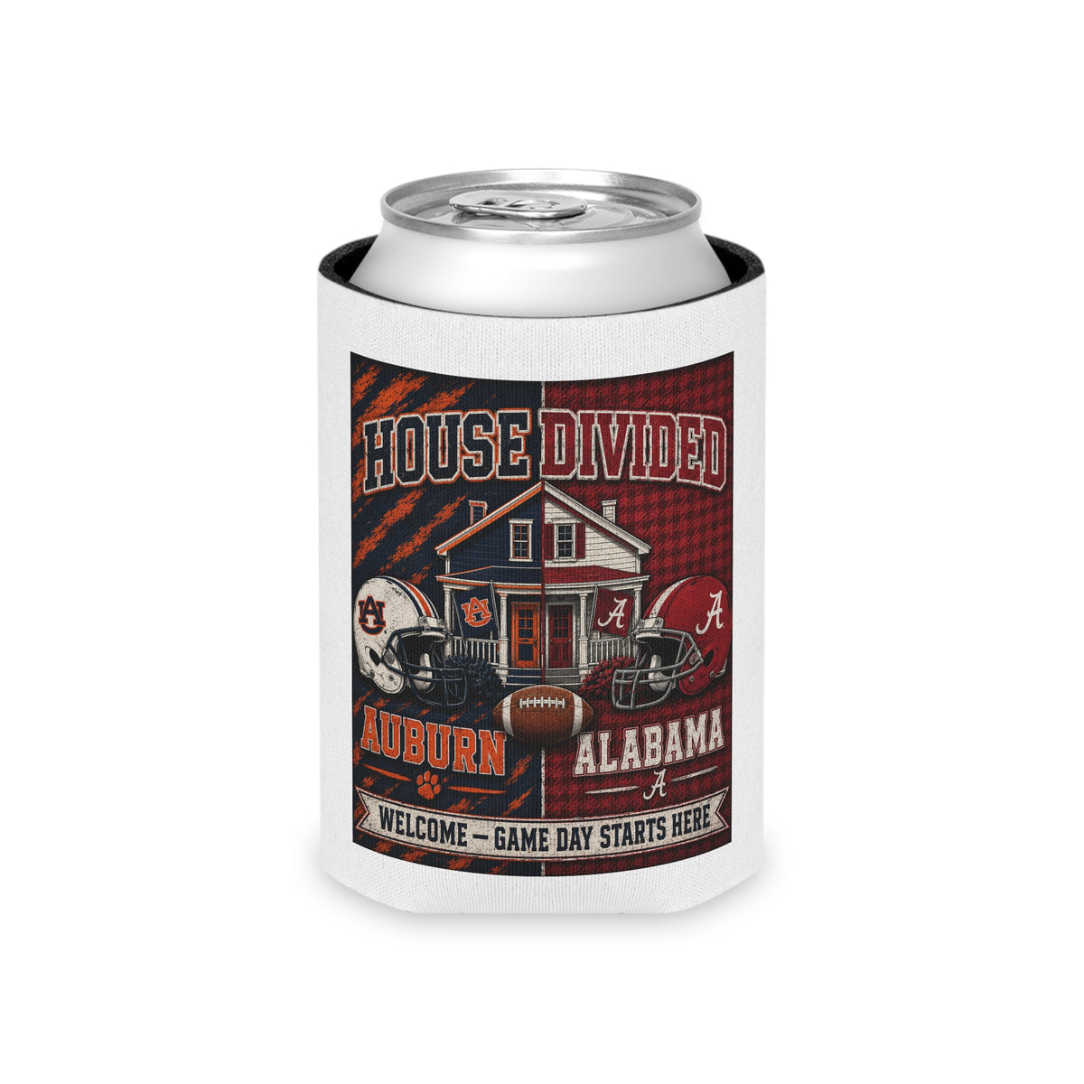 House Divided Auburn vs Alabama Can Cooler – Game Day Beer Koozie