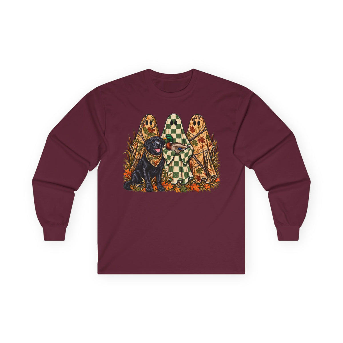 Long Sleeve Tee — Retro Halloween Dogs & Ghosts Graphic