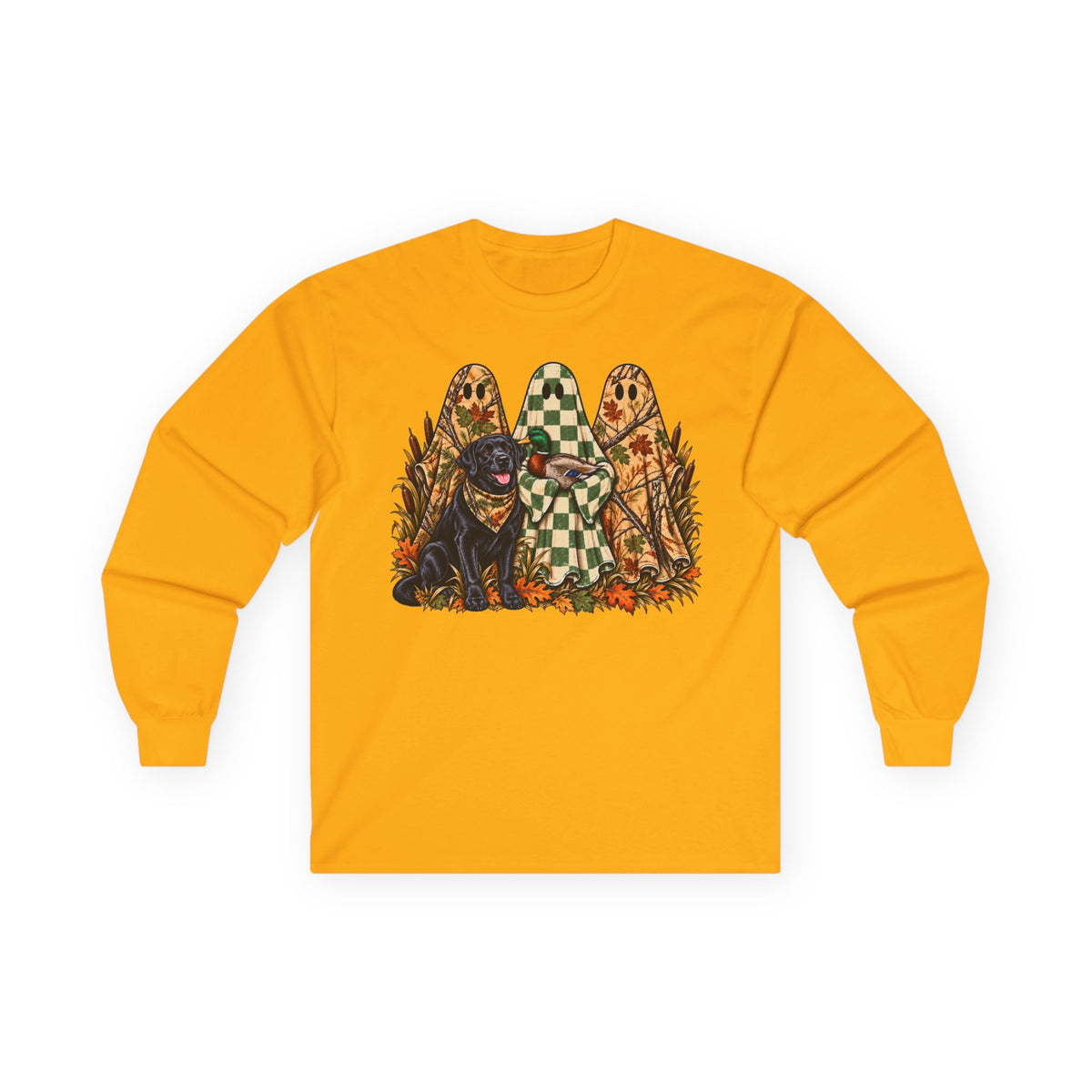 Long Sleeve Tee — Retro Halloween Dogs & Ghosts Graphic