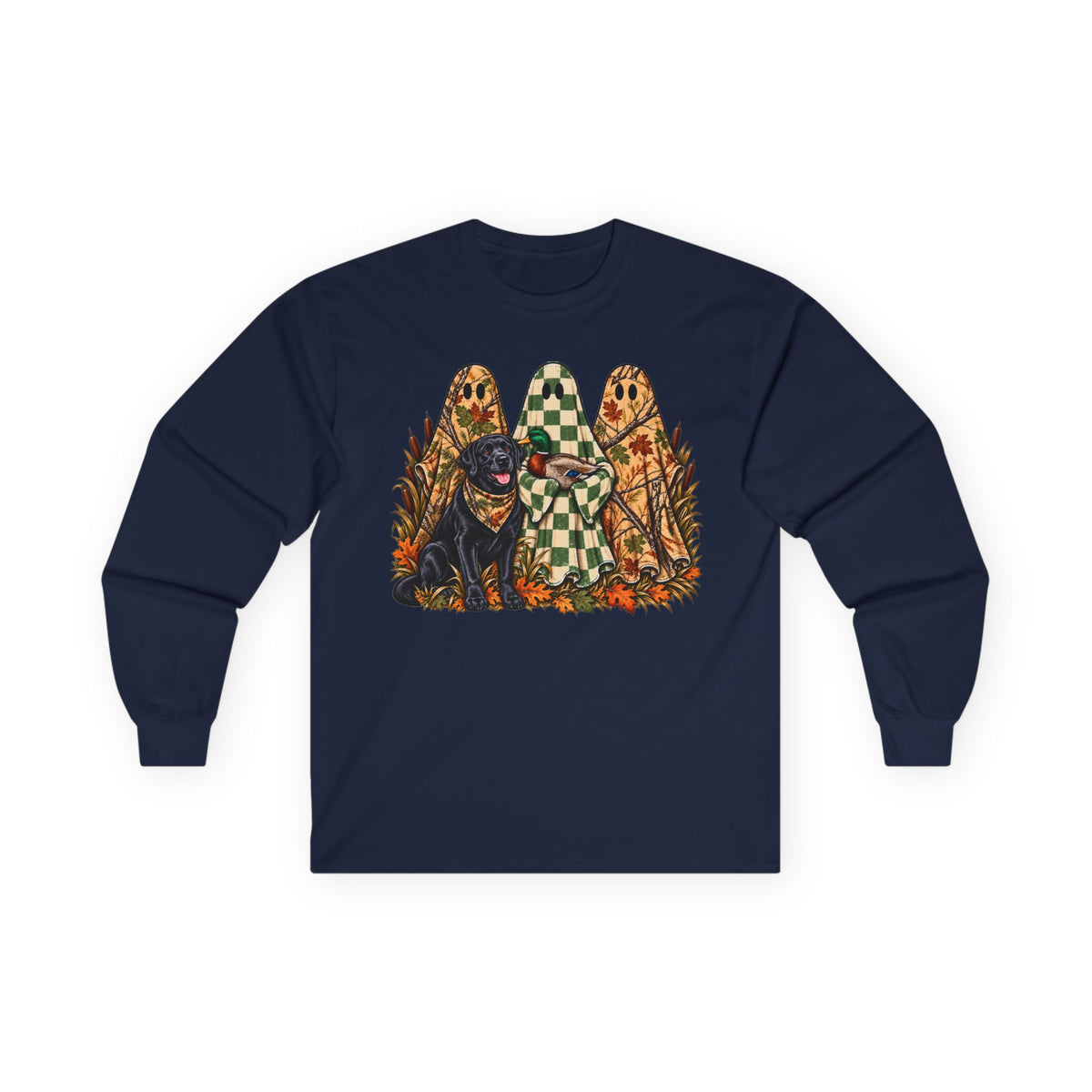 Long Sleeve Tee — Retro Halloween Dogs & Ghosts Graphic