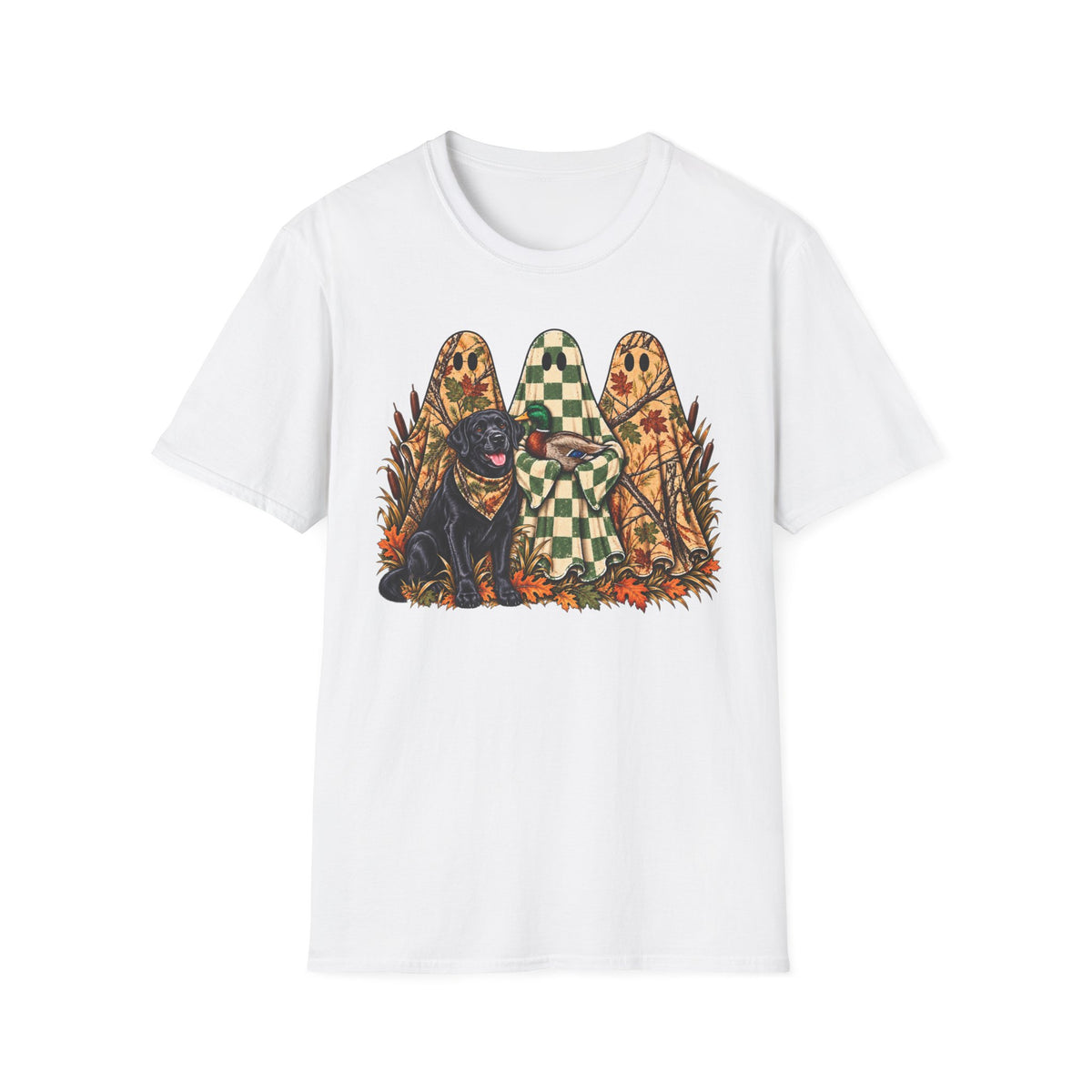 Fall Ghosts & Dog Graphic T-Shirt — Halloween Pumpkin Patch Tee