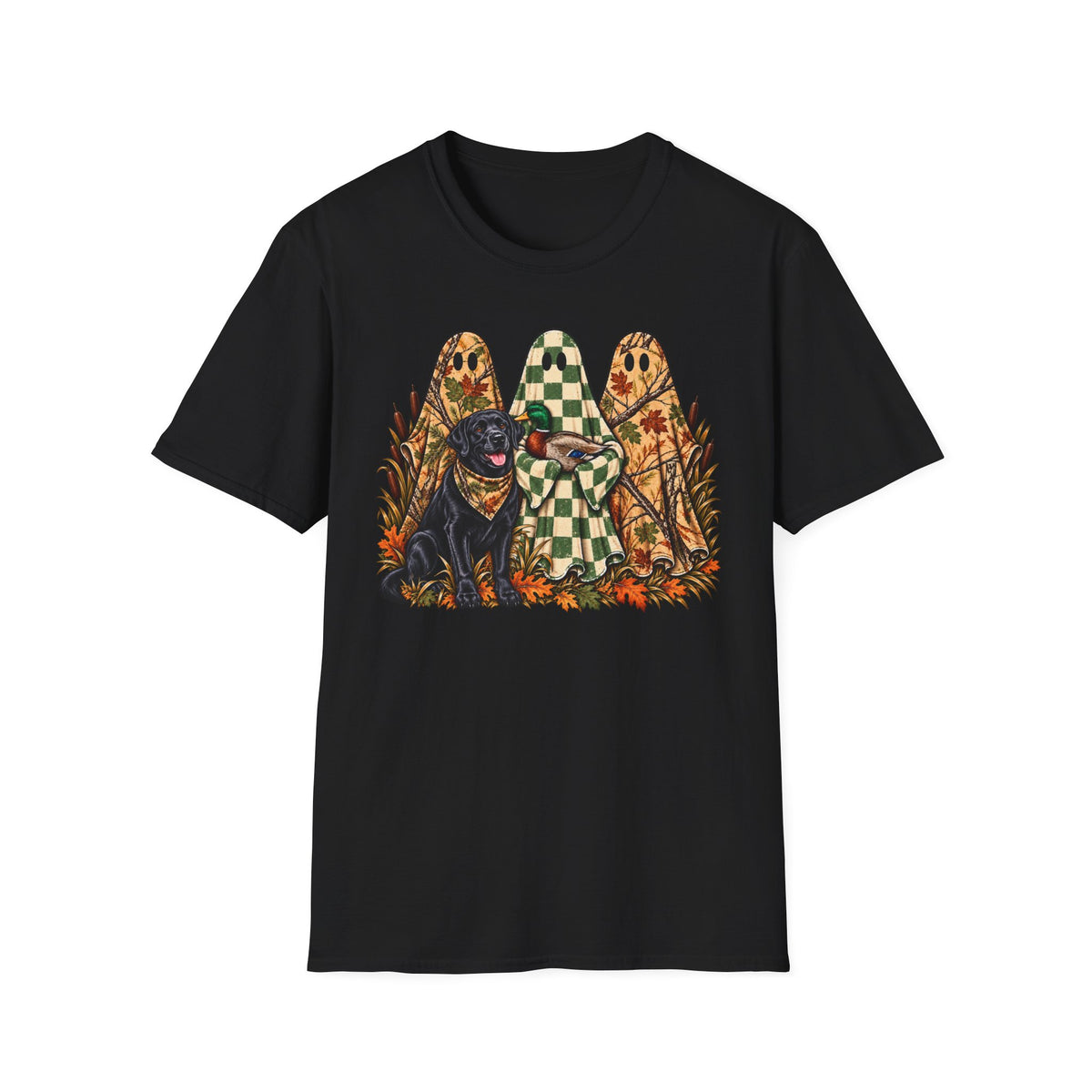 Fall Ghosts & Dog Graphic T-Shirt — Halloween Pumpkin Patch Tee