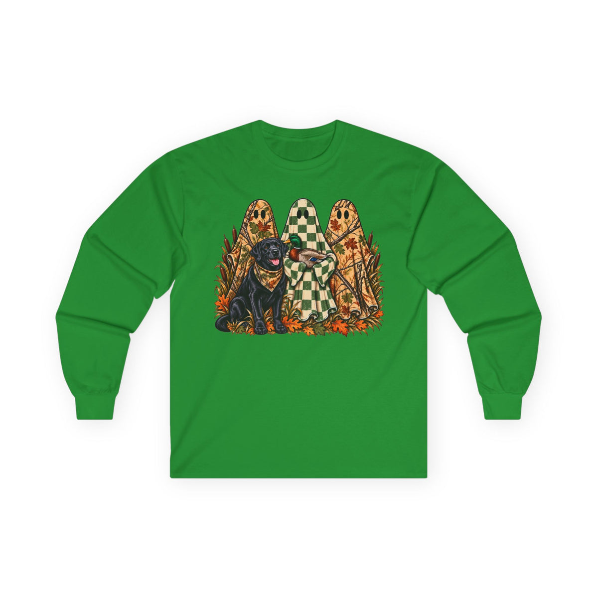 Long Sleeve Tee — Retro Halloween Dogs & Ghosts Graphic