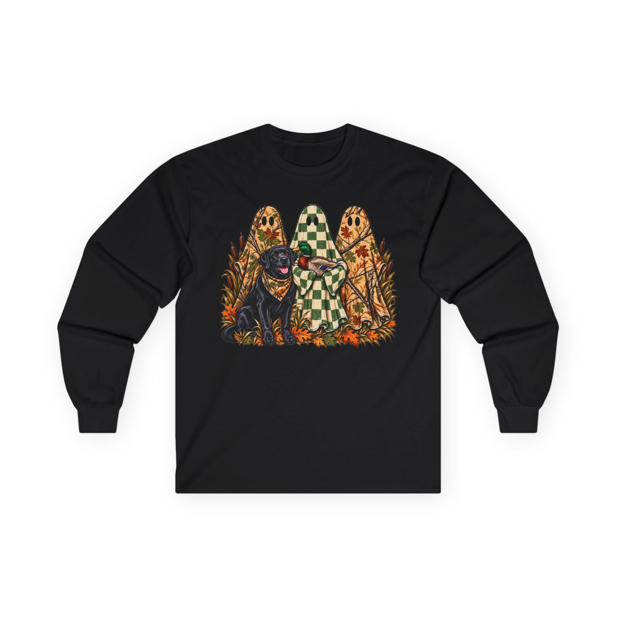 Long Sleeve Tee — Retro Halloween Dogs & Ghosts Graphic