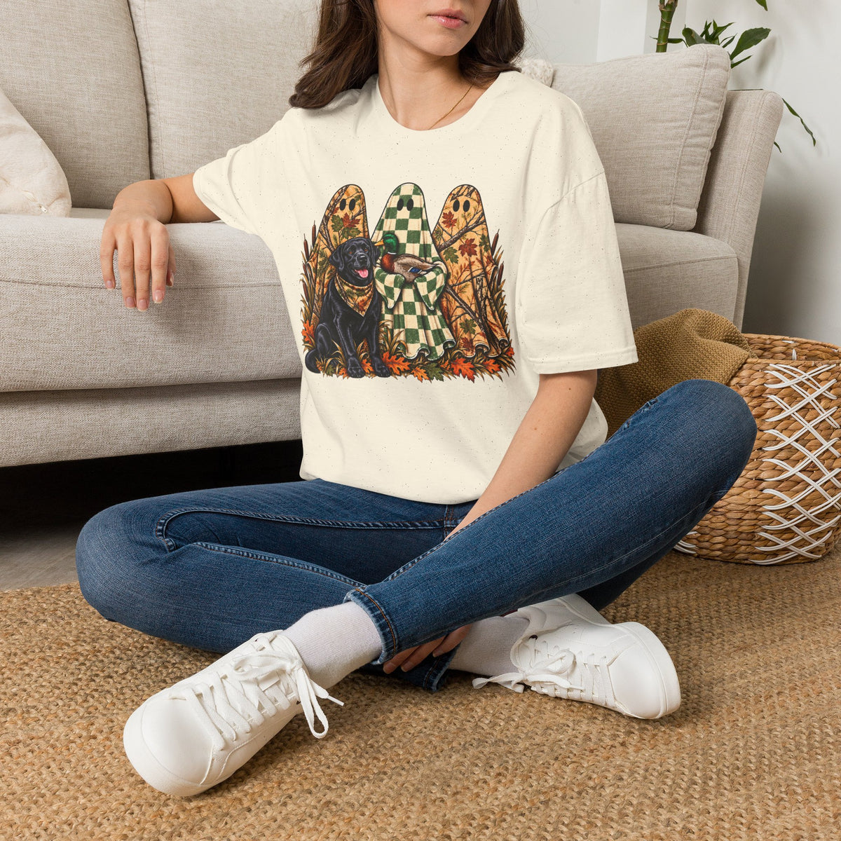Fall Ghosts & Dog Graphic T-Shirt — Halloween Pumpkin Patch Tee