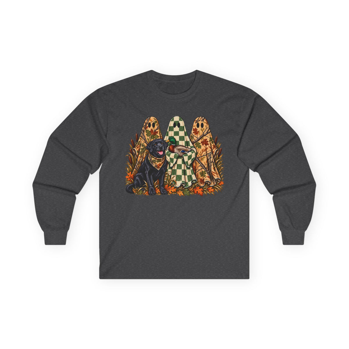 Long Sleeve Tee — Retro Halloween Dogs & Ghosts Graphic