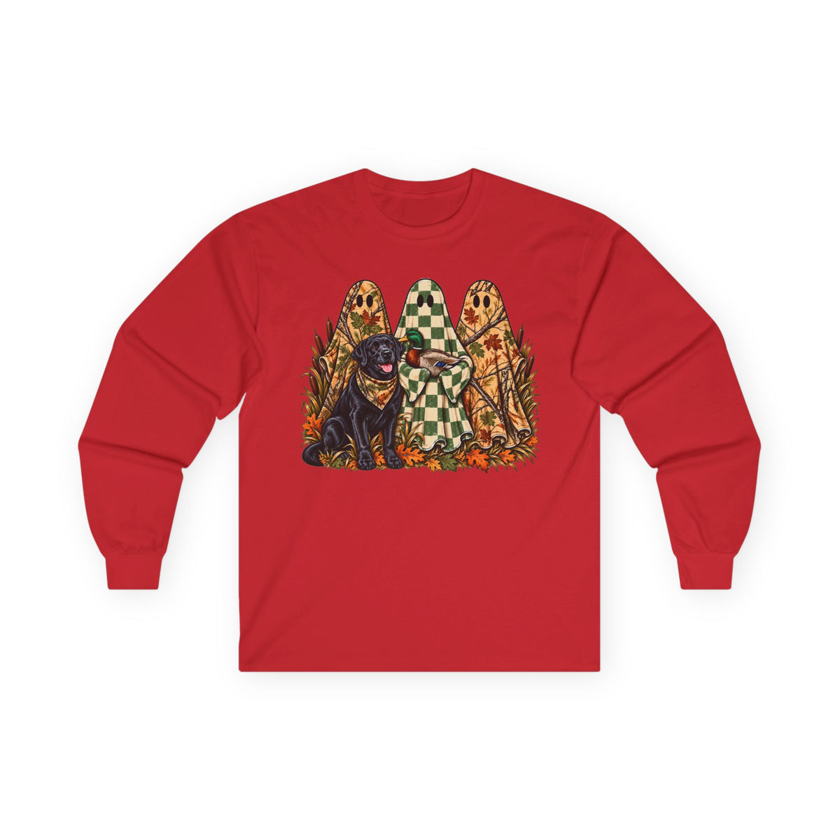 Long Sleeve Tee — Retro Halloween Dogs & Ghosts Graphic