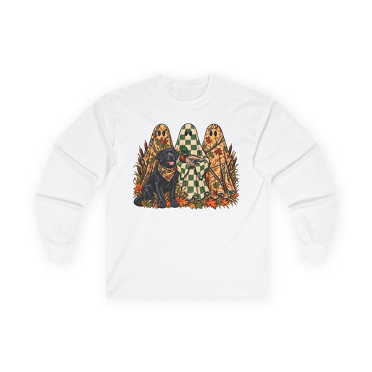 Long Sleeve Tee — Retro Halloween Dogs & Ghosts Graphic