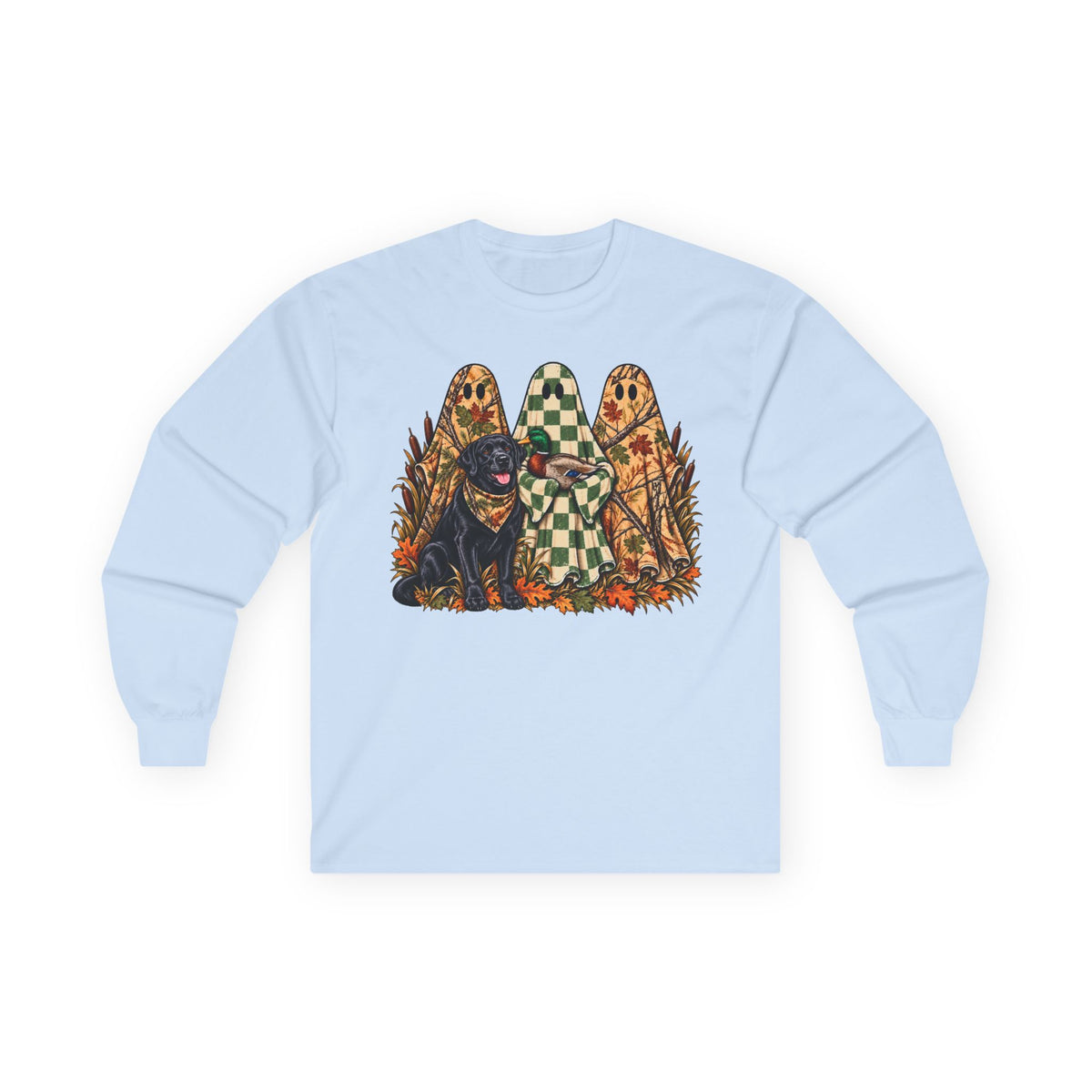 Long Sleeve Tee — Retro Halloween Dogs & Ghosts Graphic