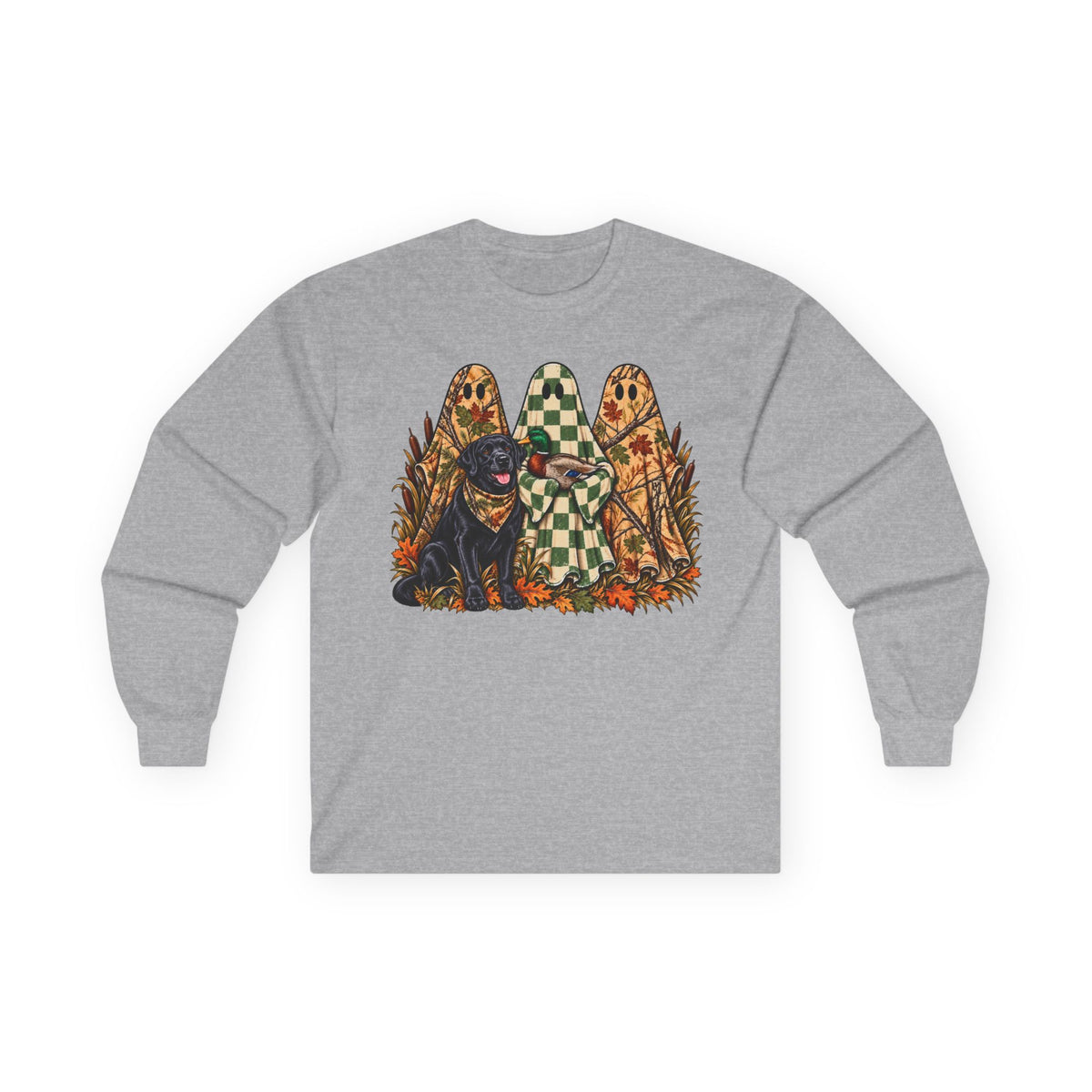 Long Sleeve Tee — Retro Halloween Dogs & Ghosts Graphic