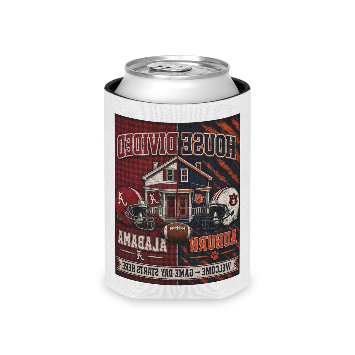 House Divided Auburn vs Alabama Can Cooler – Game Day Beer Koozie
