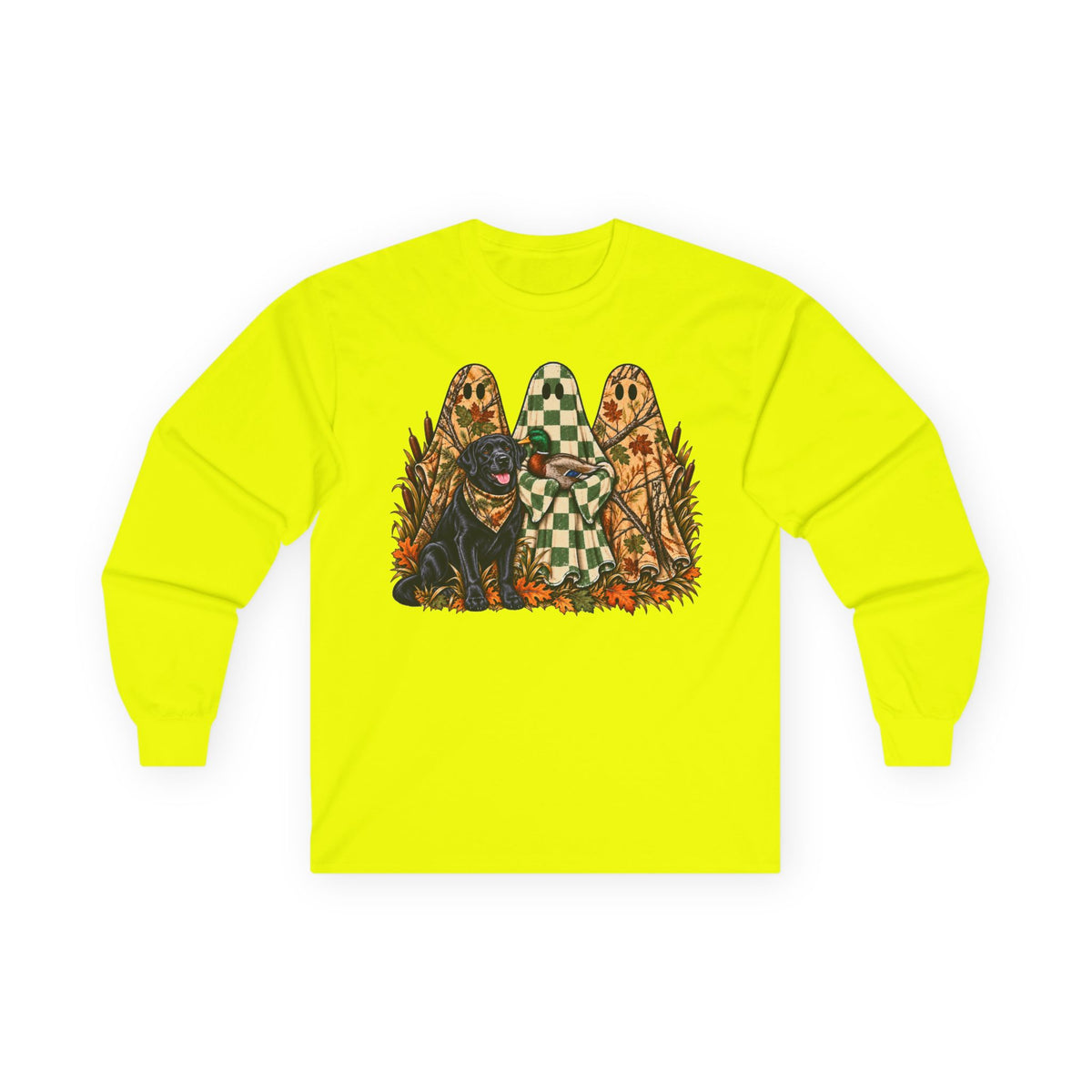 Long Sleeve Tee — Retro Halloween Dogs & Ghosts Graphic