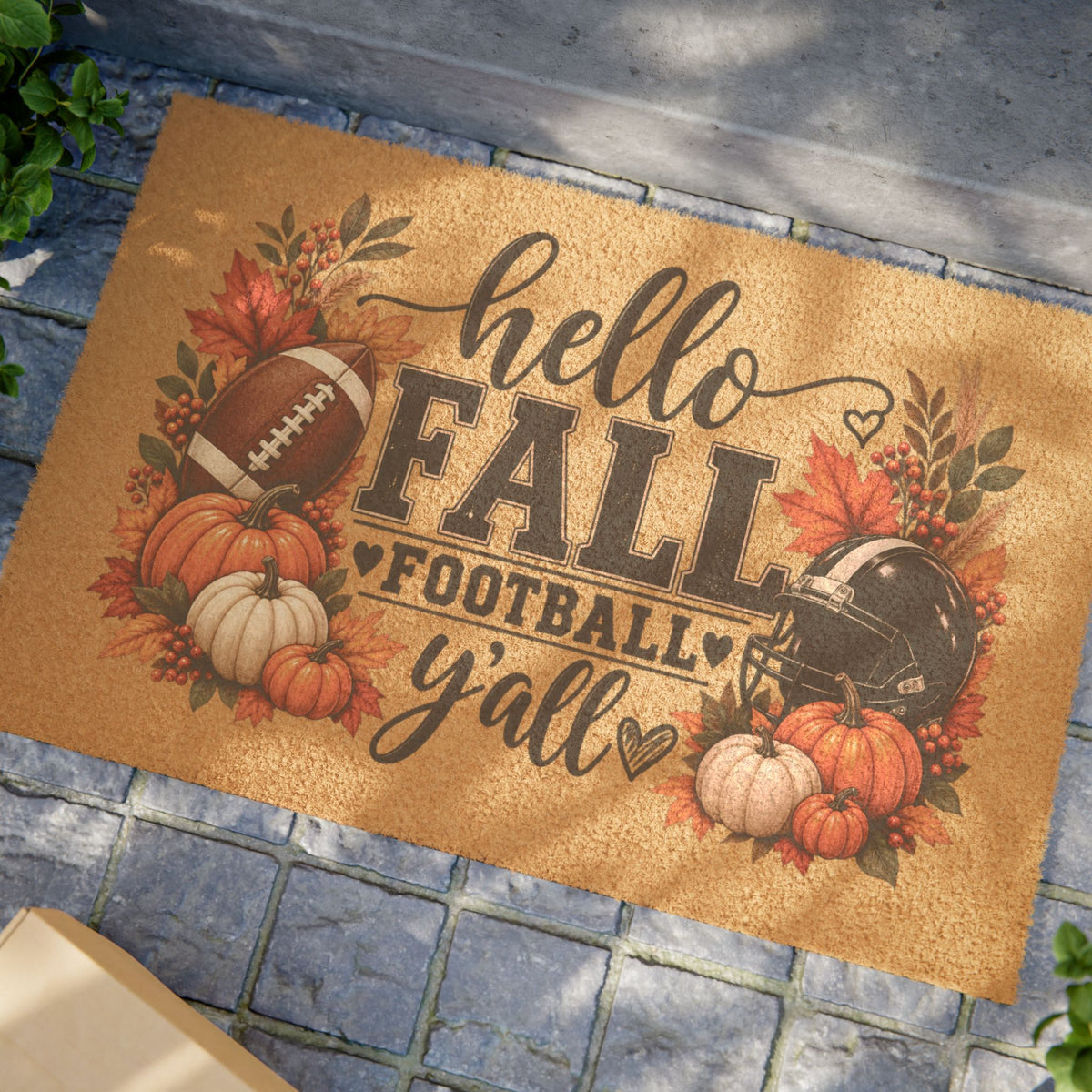 Hello Fall Football Y'all Doormat — Autumn Pumpkin & Helmet Welcome Mat
