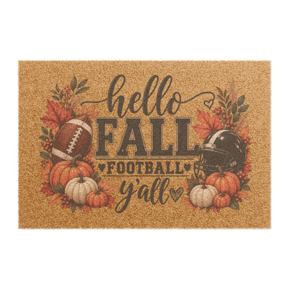 Hello Fall Football Y'all Doormat — Autumn Pumpkin & Helmet Welcome Mat