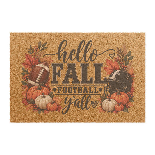 Hello Fall Football Y'all Doormat — Autumn Pumpkin & Helmet Welcome Mat